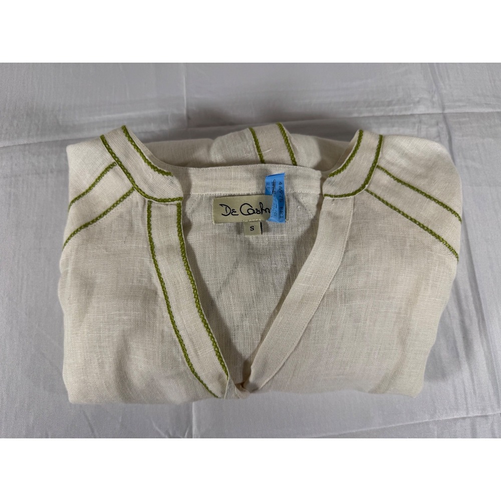 De Castro Linen Floral Embroidered Puff Sleeve Tunic Top Cream Green Small - Picture 3 of 8